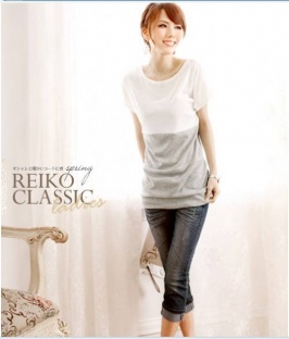 Korean Color Block Lengthened T-shirt Light Grey - Click Image to Close