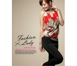 Retro Style Printed Waist Chain V Collar Jumpsuit Red US stock [SP-O12051208]