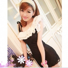 High Quality Frills Lace Oblique Shoulder Dress Black [SP-O12061005]