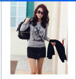 Camiseta de color claro gris con mangas largas escote redondo estilo coreano [SP-O12061007-2]