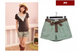 High Quality Pure Collar Pleat Shorts With Belt Green - Click Image to Close