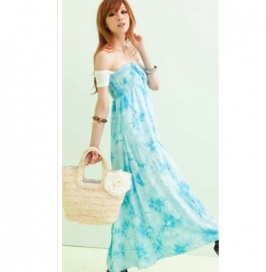 vestido estilo bohemian decorado de flores elastico color azul US stock