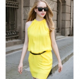 vestido con cinturon estilo europeo de color amarillo talla XXL - Click Image to Close