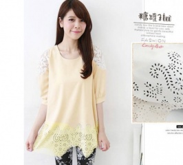 blusa de estilo elegante decorado encaje de color amarillo - Click Image to Close