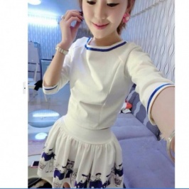 Fashion Navy Small Head Design 7 Minutes Of Sleeve Round Neck Dress White [SP-OG14030303-2]
