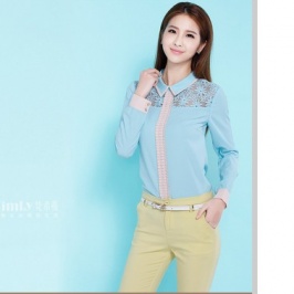 Fashion Single-breasted Long Sleeve Lace Chiffon Shirt Apricot [SP-OG14041506-1]