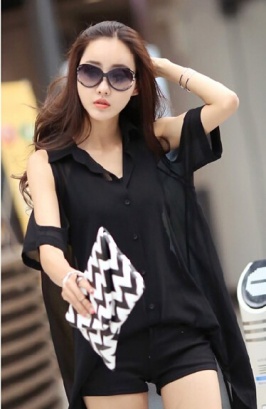 2014 nueva llegada de blusa de estilo elegante con el sideno especial de color negro [SP-LY14061920]