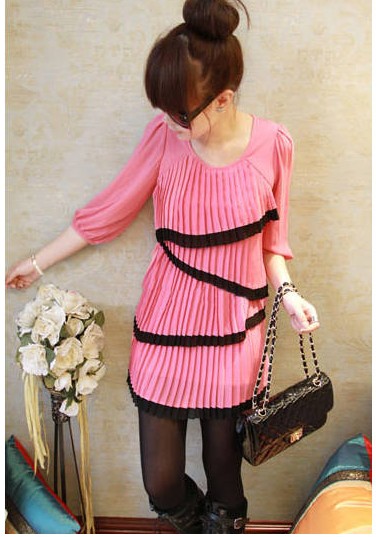 vestido de moda estilo dulce de mangas medidas de color rosado US stock