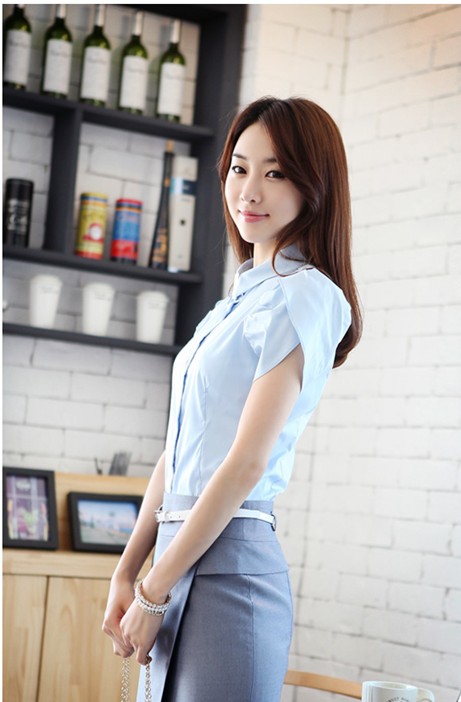 blusa  de  estilo sencillo  manags  cortas   de color azul vende  bien US stock