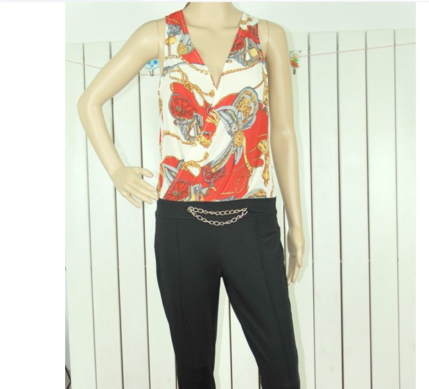 Retro Style Printed Waist Chain V Collar Jumpsuit Red  US stock