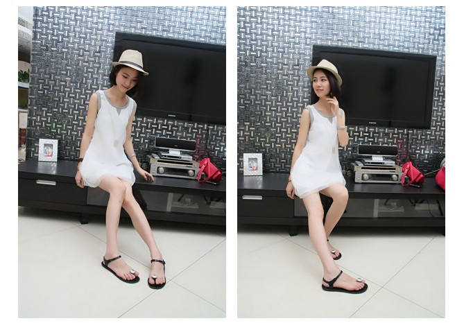 Korean Princess Style Sleeveless Color Block Dress White US stock