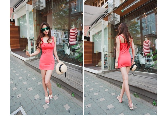 Korean Slim Simple Double Baldric Dress Red
