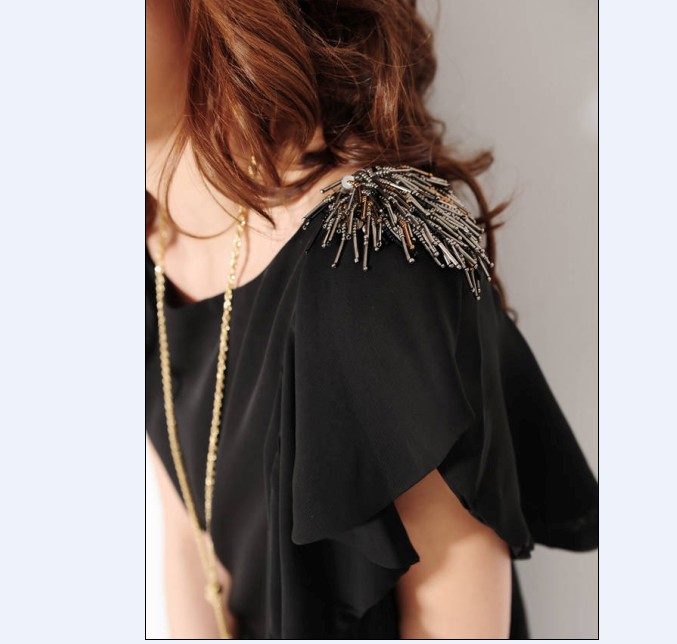 Korean Beads Irregular Frills Design Zipper Dress Black US stock
