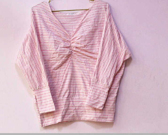 Deep V Collar Bat Sleeve Stripe Seven Cuff Blouse