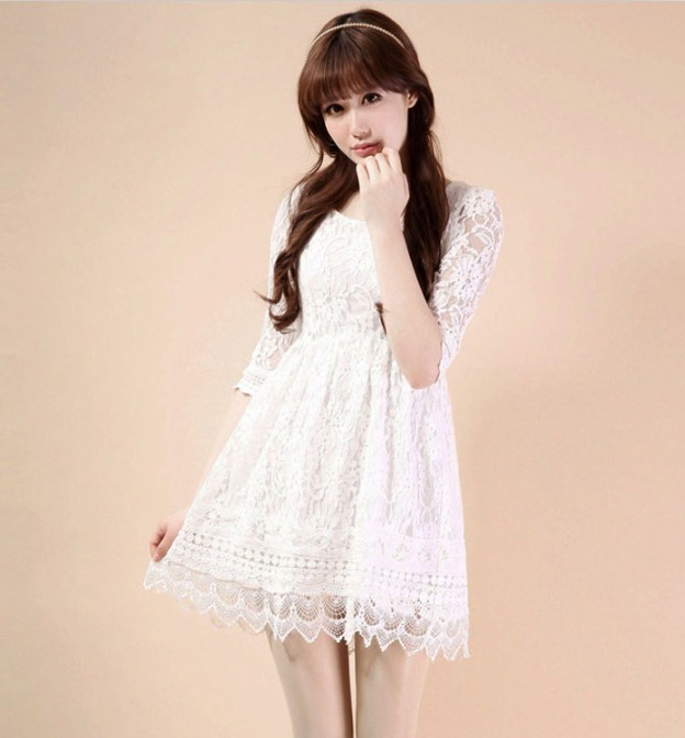 vestido de estilo encaje y elegante de color blanco sin cinturon