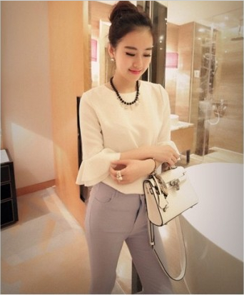 Fashion Horn Sleeve Sweet Pure Color Chiffon Unlined Upper Garment Shirt White