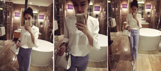 Fashion Horn Sleeve Sweet Pure Color Chiffon Unlined Upper Garment Shirt White