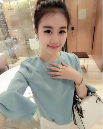 Fashion Horn Sleeve Sweet Pure Color Chiffon Unlined Upper Garment Shirt Light Blue