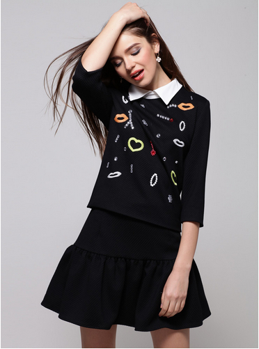 Fashion Brought Heart Two-Piece Doll T-shirt & Skirt Suit Black