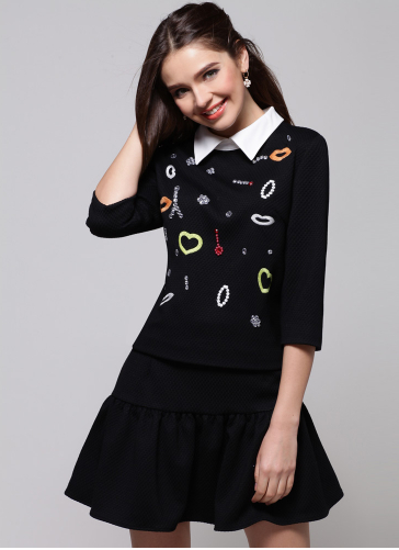 Fashion Brought Heart Two-Piece Doll T-shirt & Skirt Suit Black